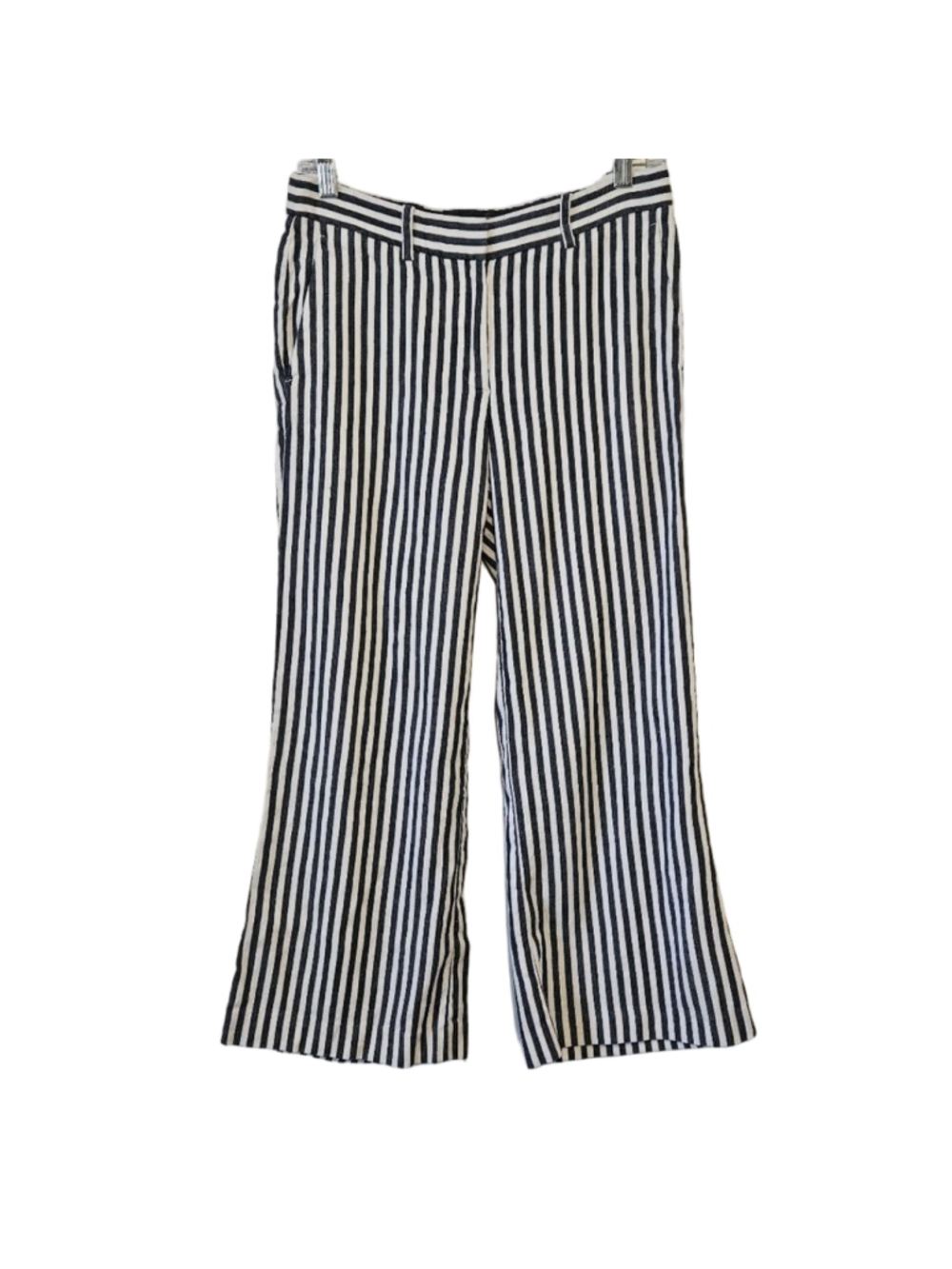 Theory Inza Linen Blend White Navy Striped Wide Leg Cropped Pants Size 4